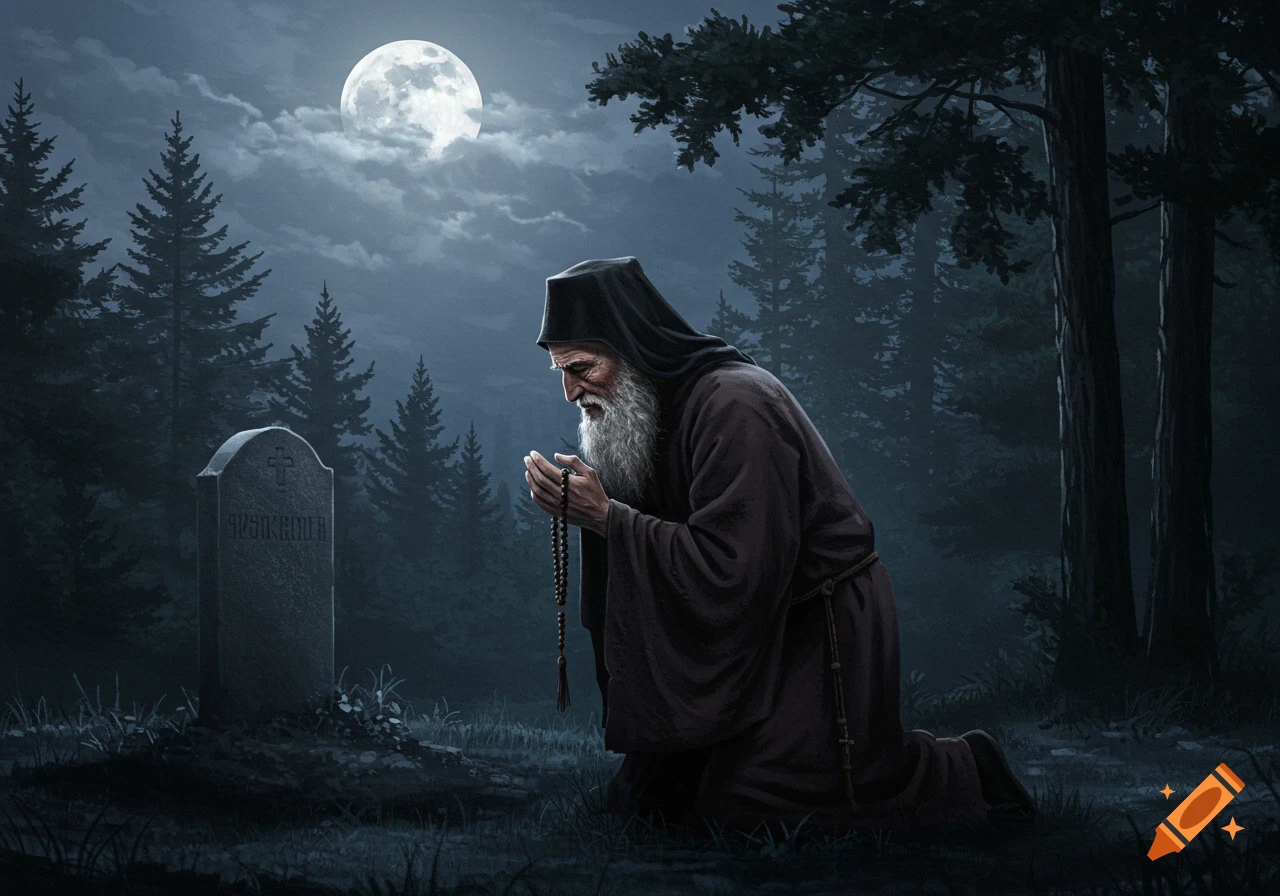 An old monk in dark robes kneels and prays before a tombstone in a dark forest under a full moon.