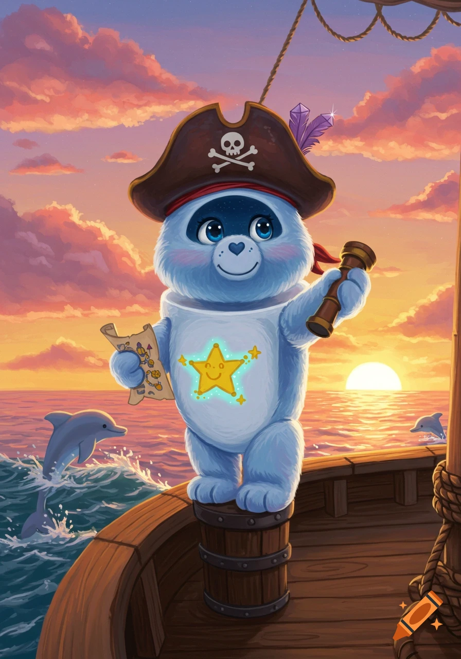 A blue Carebear dressed as a pirate on a ship deck at sunset, holding a map and a spyglass, with dolphins jumping in the ocean.