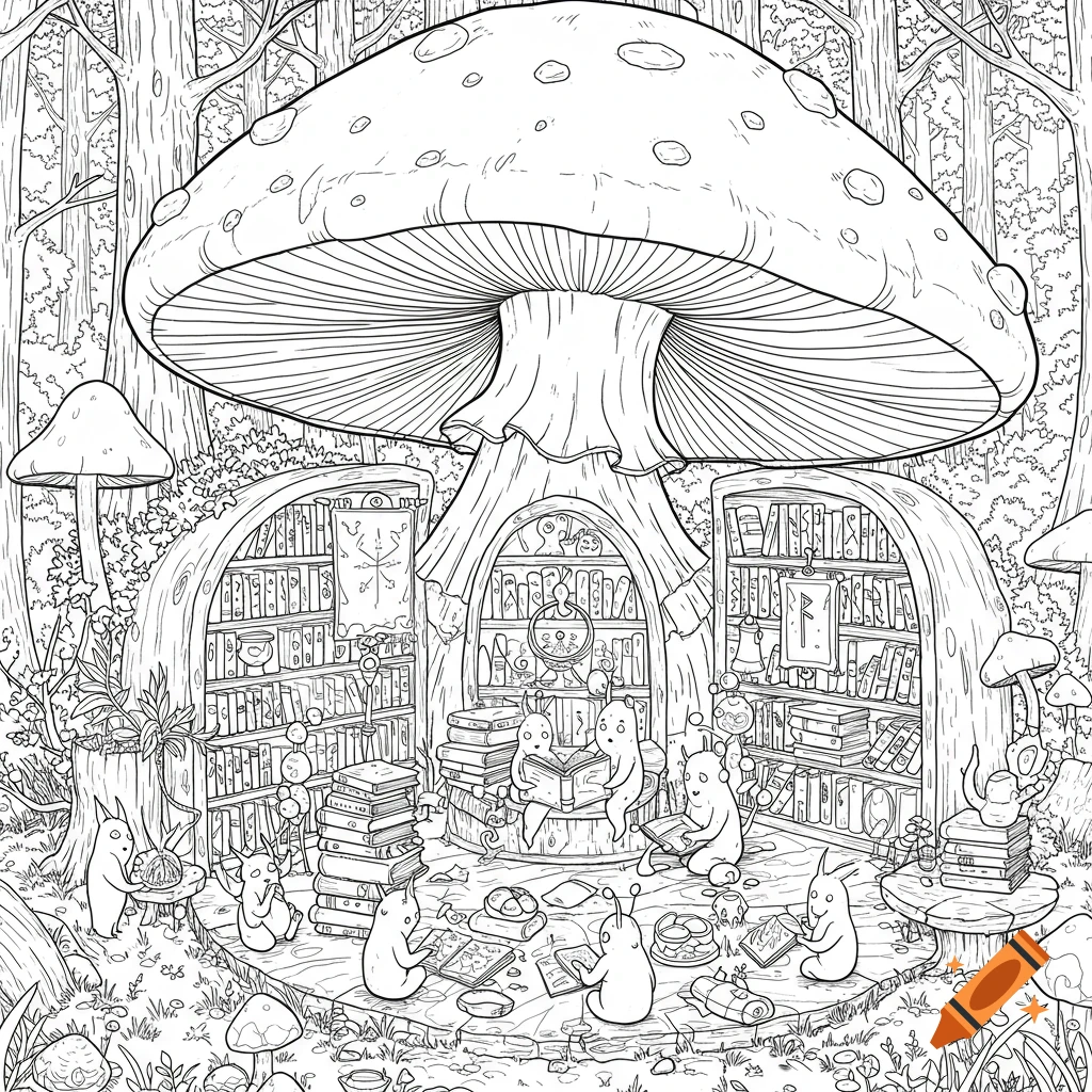 A detailed black-and-white line art coloring page of forest spirits reading books in a mushroom library in a mystical forest.