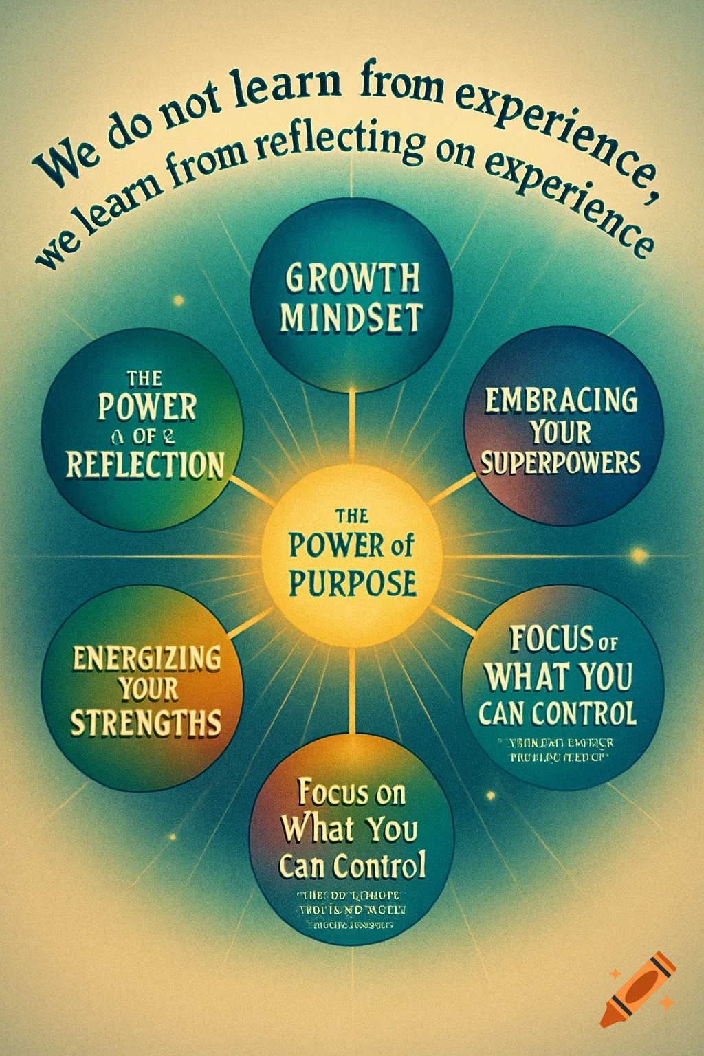 A motivational diagram featuring a central sunburst labeled 'The Power of Purpose', surrounded by six spheres with text like 'Growth Mindset' and 'Embracing Your Superpowers', all on a teal and yellow gradient background. The top of the image reads 'We do not learn from experience, we learn from reflecting on experience'.
