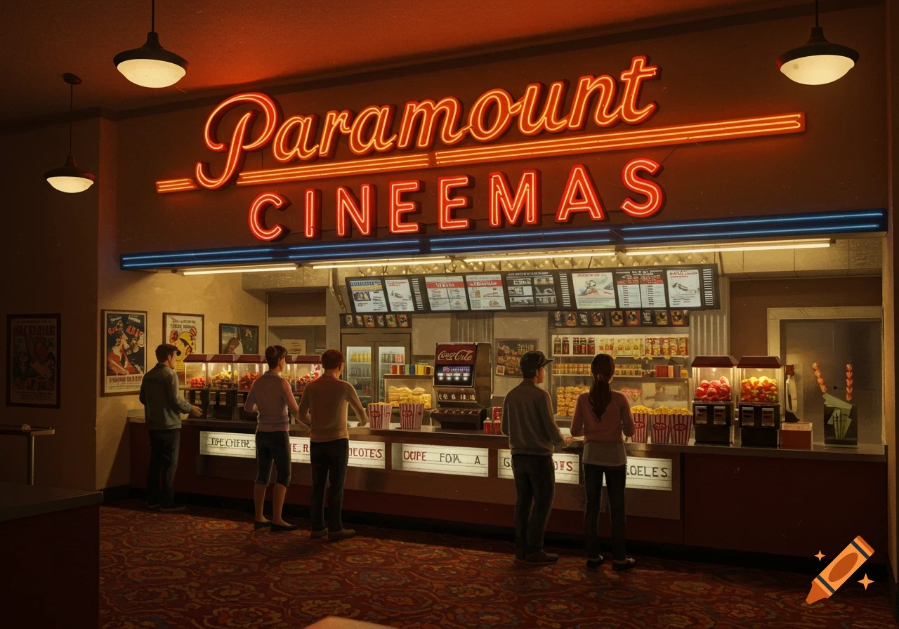 A photorealistic depiction of a busy movie theater snack bar, with a bright red neon sign overhead reading 'Paramount CINEMAS'. People are lined up at the counter, ordering popcorn and drinks.