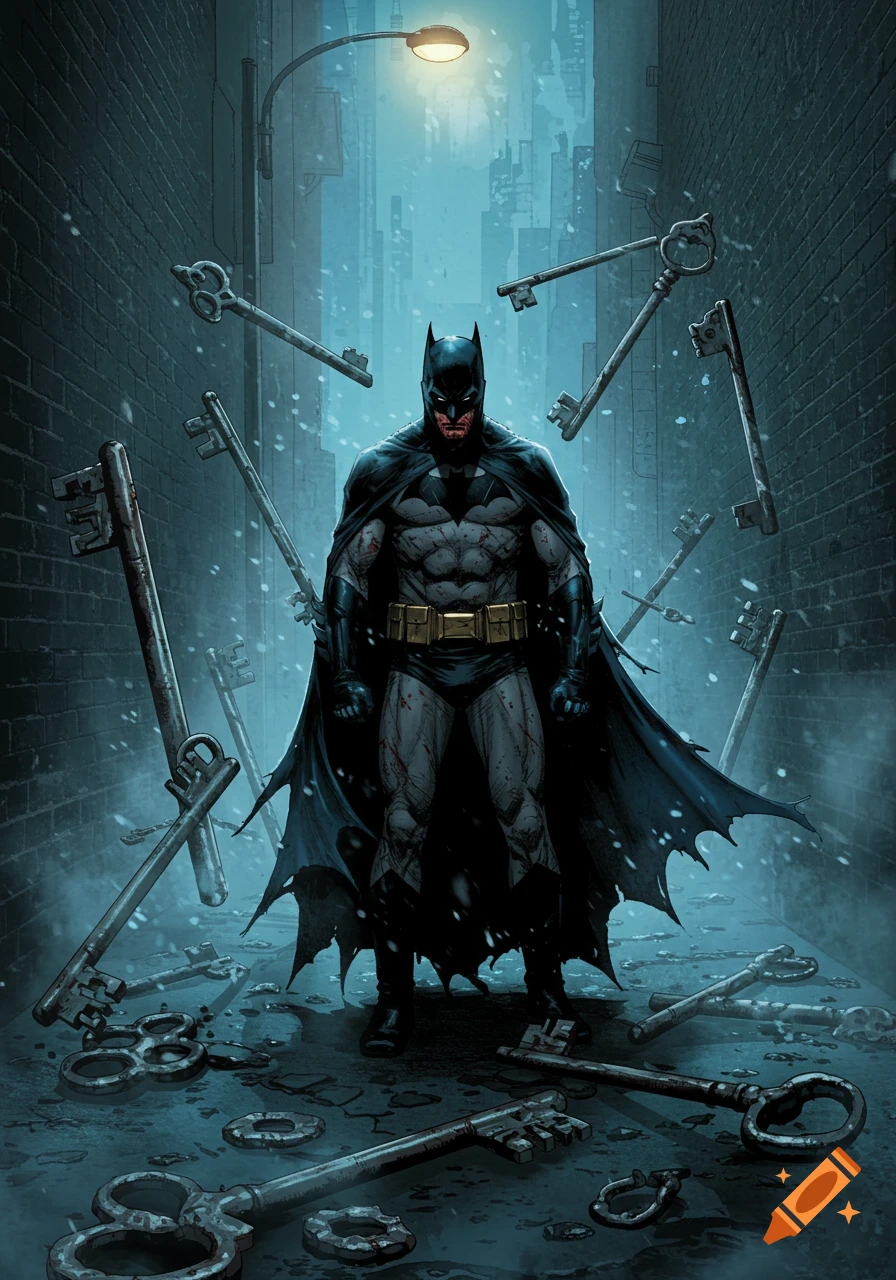Batman stands in a dark alley amidst large floating and scattered keys, in a dramatic comic book art style.