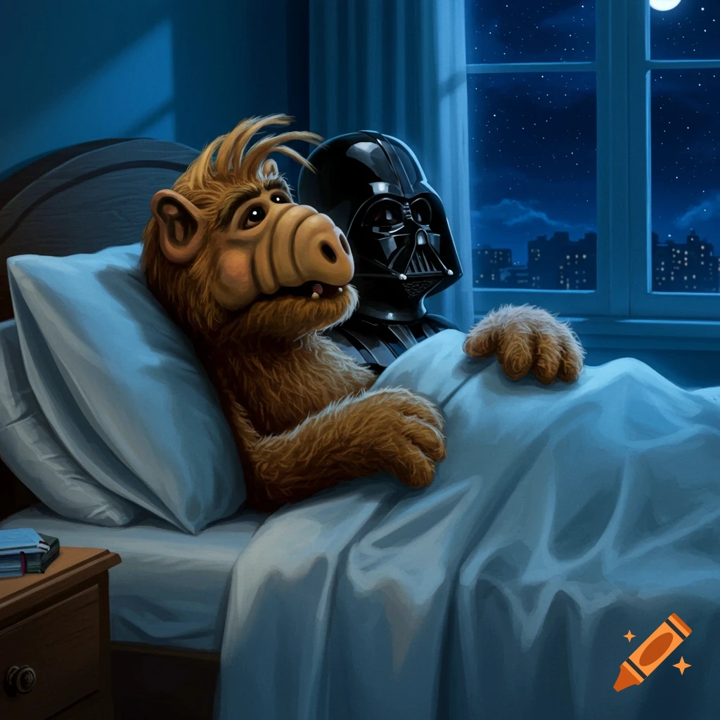 A brown furry alien, ALF, and Darth Vader share a bed, looking out a window at a starry night city. Realistic illustration.