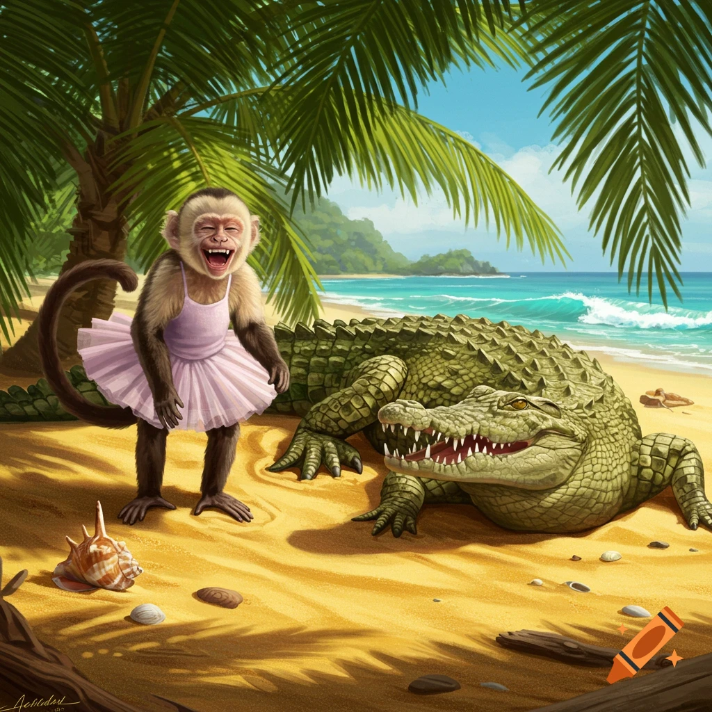 A laughing capuchin monkey in a pink ballet tutu stands next to a large crocodile on a sunny tropical beach.