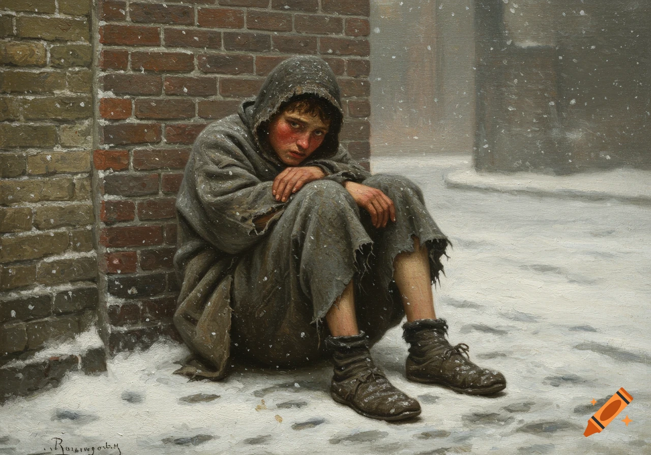 A melancholy 19th-century style oil painting shows a young boy in ragged clothes, huddled against a brick wall in falling snow.