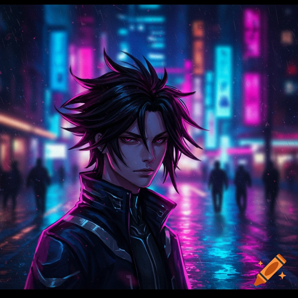 An anime man with dark hair and glowing eyes stands on a rainy, neon-lit cyberpunk city street.
