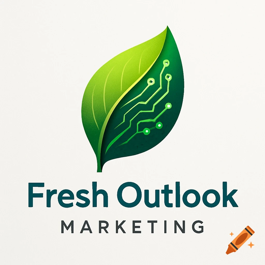 A green leaf with an integrated circuit board pattern, above the text 'Fresh Outlook Marketing'.
