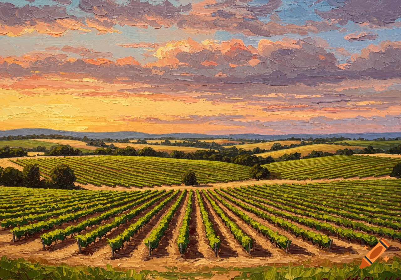 Impasto oil painting of a vineyard landscape at sunset, with rows of green grapevines under an orange and purple sky.