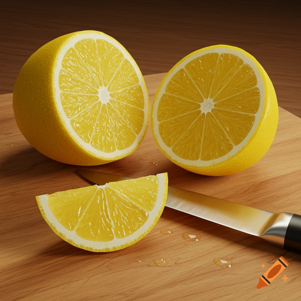 Two lemon halves and a slice on a wooden cutting board with a knife, photorealistic.