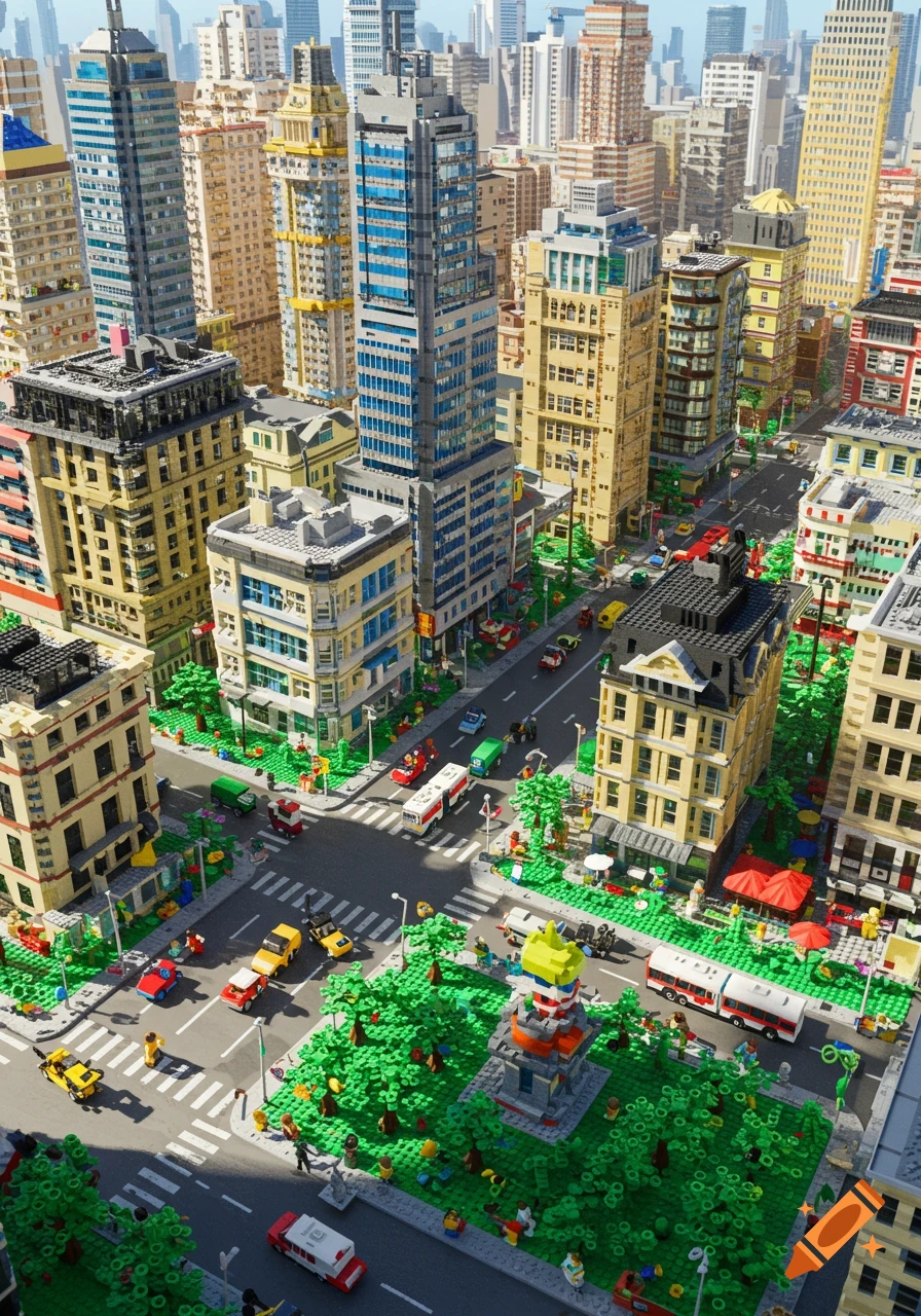 An aerial view of a vibrant, detailed city constructed entirely from Lego bricks, featuring skyscrapers, streets, vehicles, and minifigures.