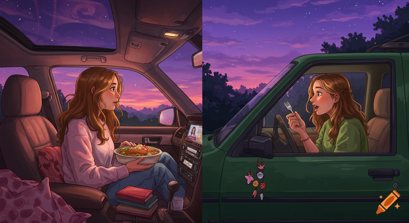 Split image of two girls in separate cars at sunset, one eating a bowl, the other holding a fork, implying a video call.
