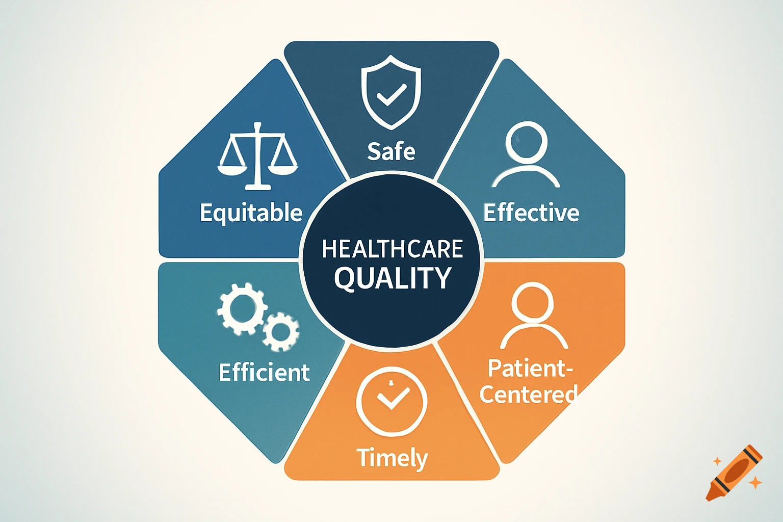 A hexagonal diagram illustrating Healthcare Quality, showing Safe, Effective, Patient-Centered, Timely, Efficient, and Equitable aims with icons.