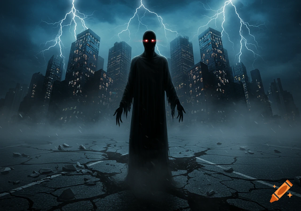 A shadowy figure with glowing red eyes stands on cracked ground in a ruined city under a stormy sky with lightning.