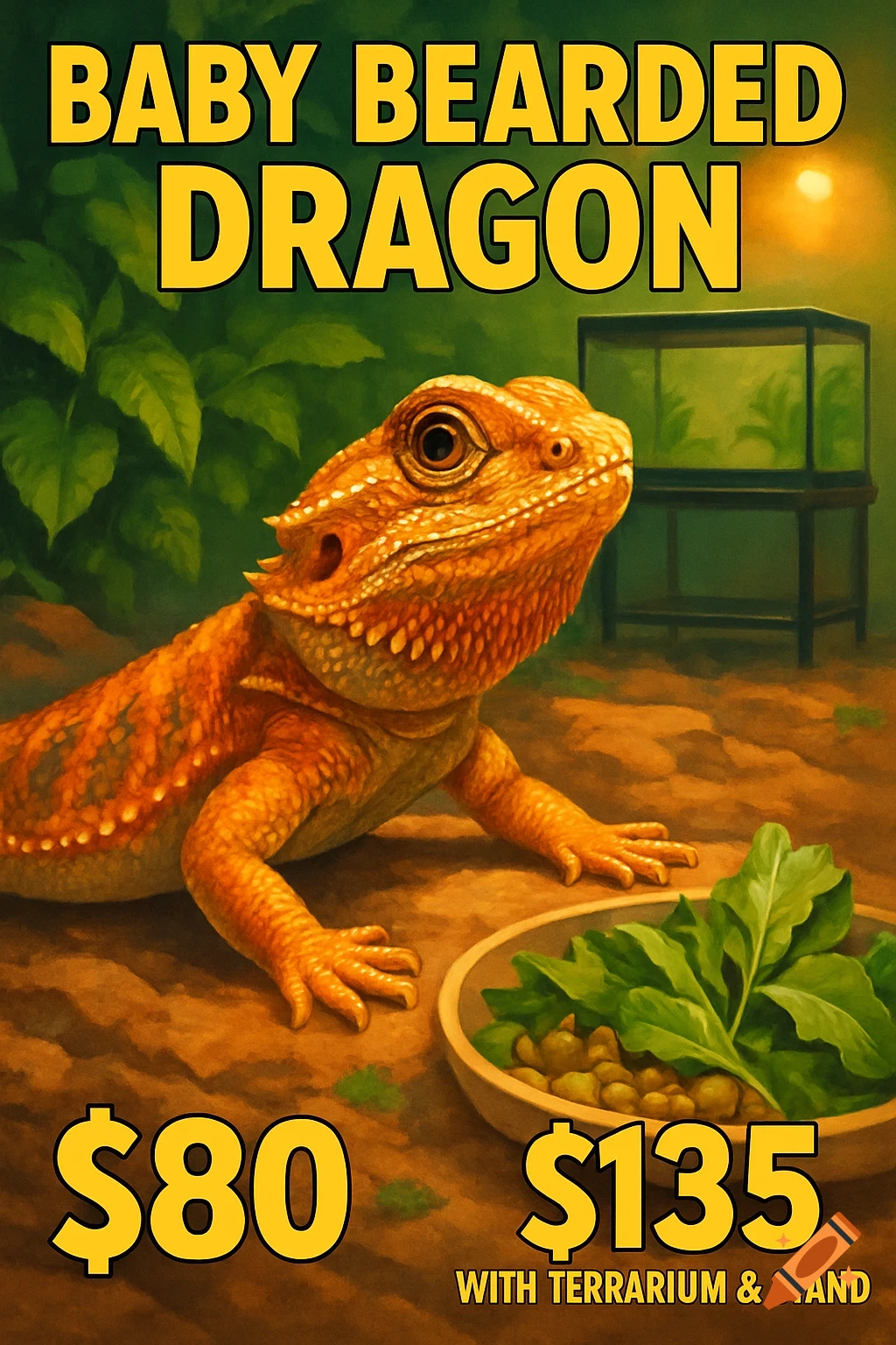 Illustrated poster of a baby bearded dragon next to a food bowl, with prices listed for the lizard and a terrarium.