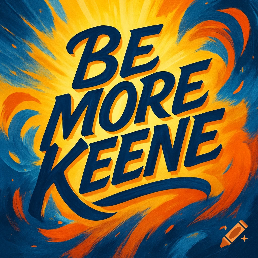 Bold blue text 'BE MORE KEENE' on a vibrant yellow and orange radial burst background with blue and orange brushstrokes.