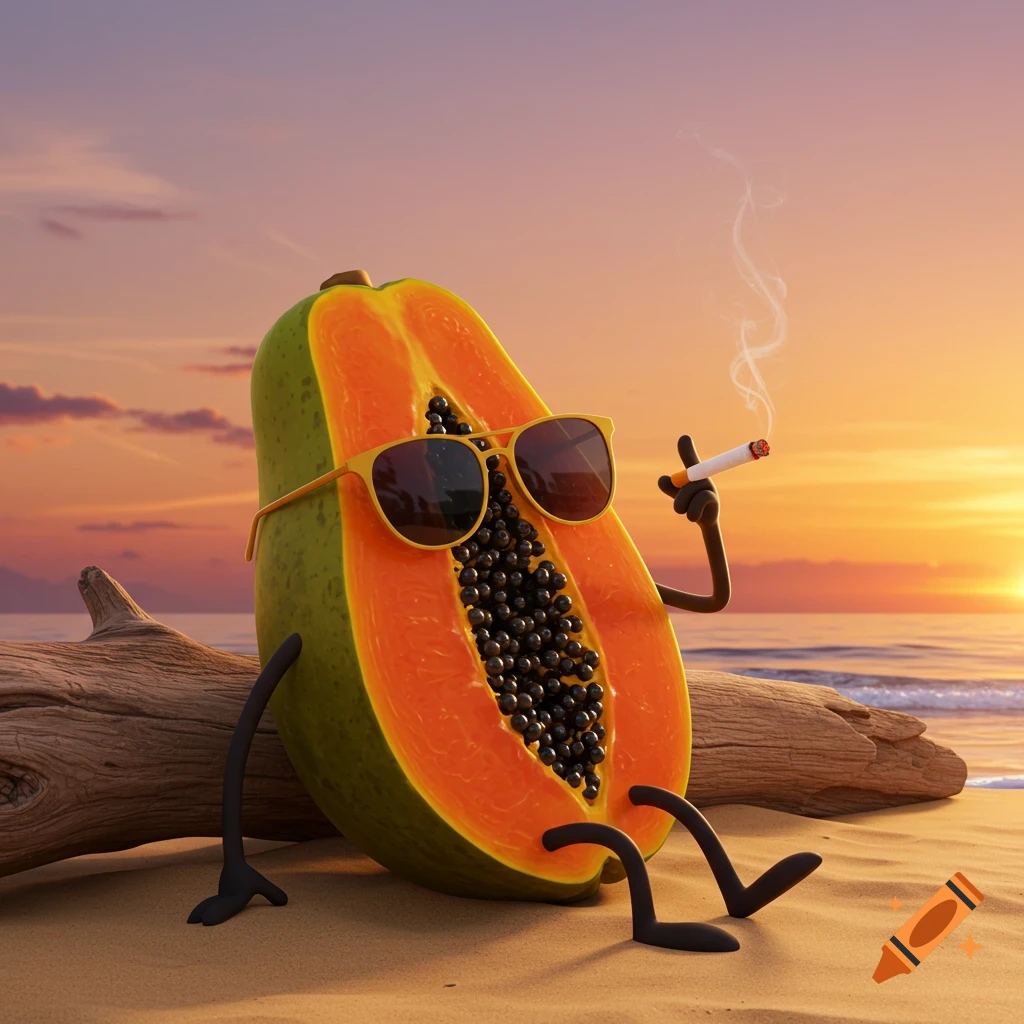 A cartoonish papaya character wearing sunglasses sits on a beach log at sunset, holding a smoking cigarette.
