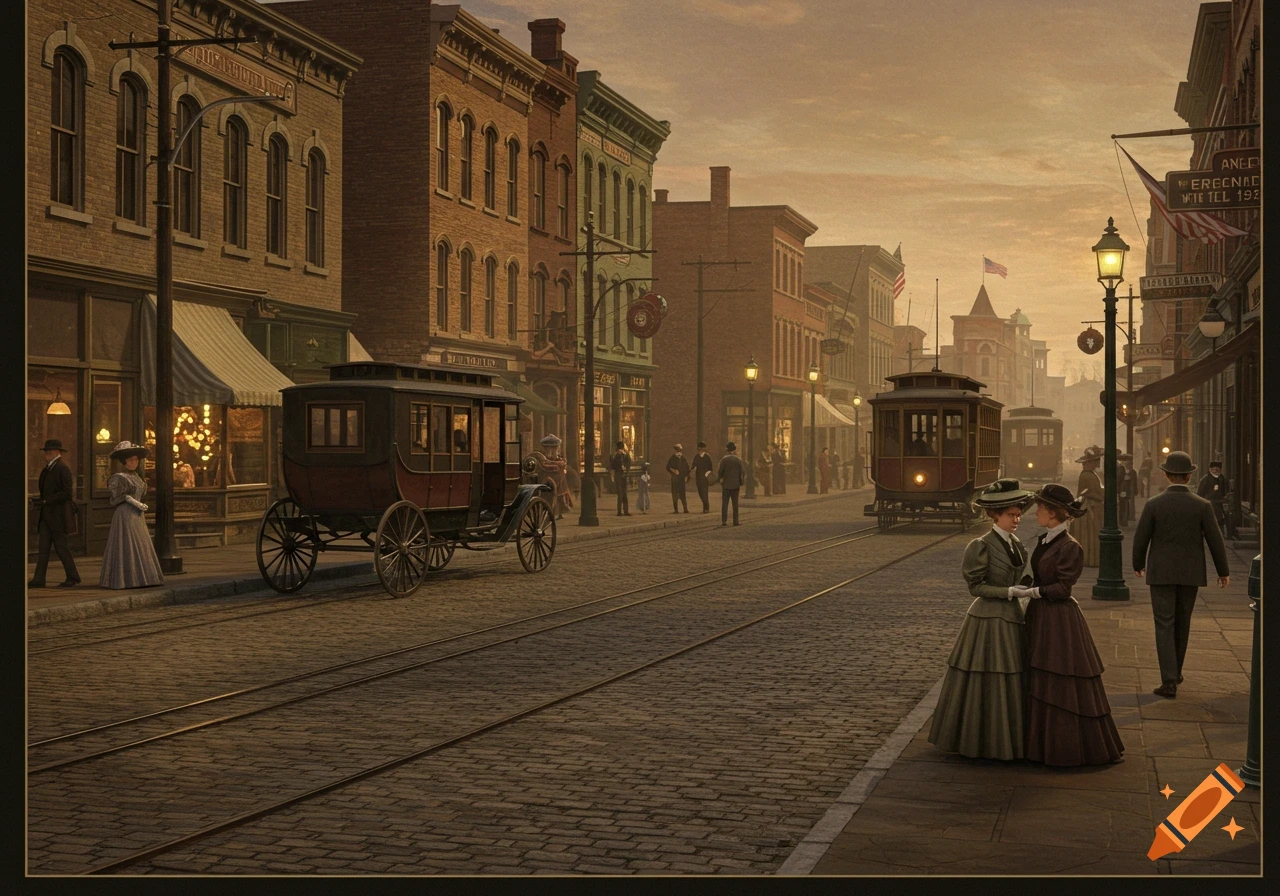 A vintage street scene in a city at dusk, with horse-drawn carriages, a tram on tracks, and pedestrians in period clothing.