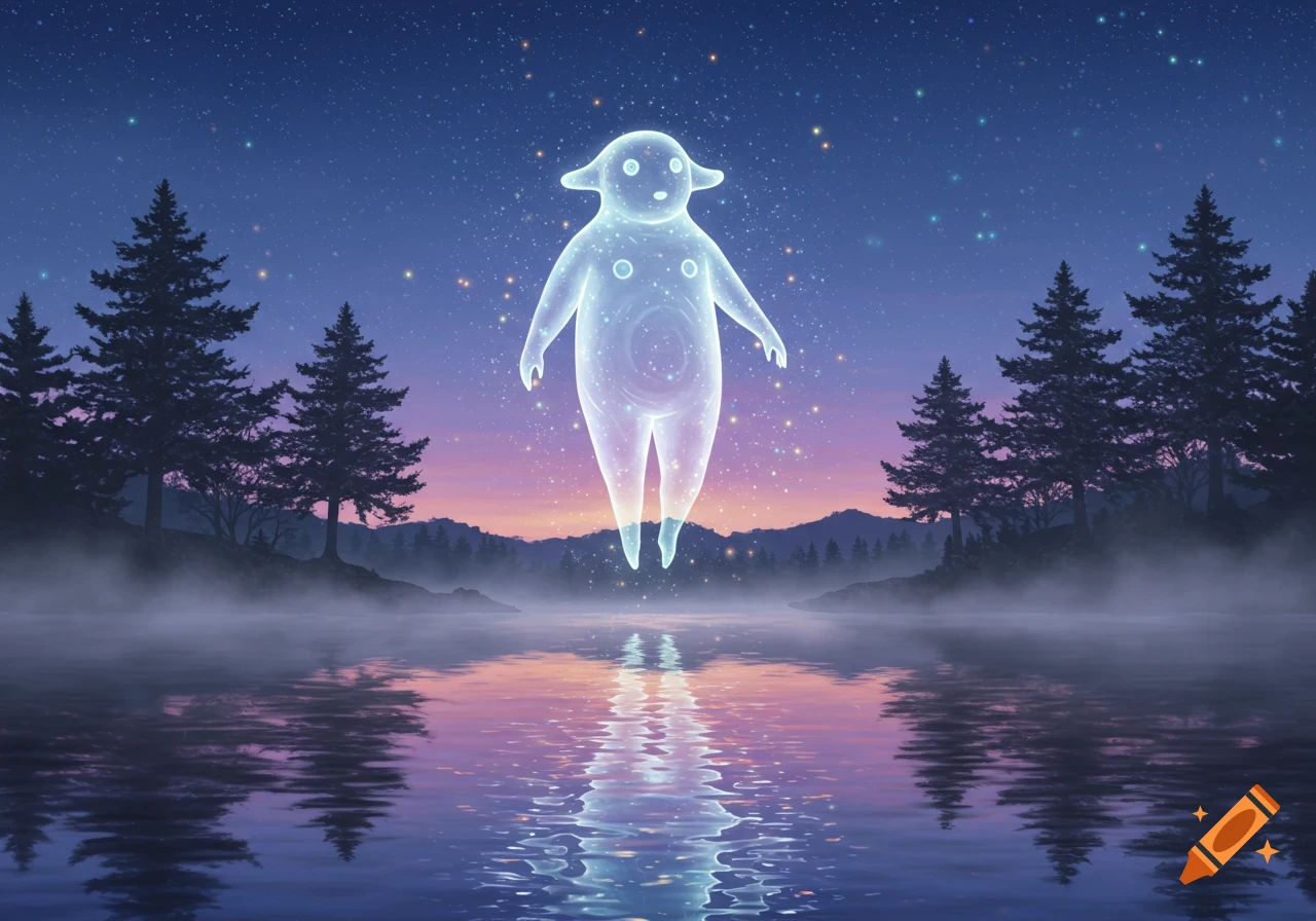 A glowing, ethereal creature floats above a misty lake at night, surrounded by silhouetted pine trees and a starry sky.