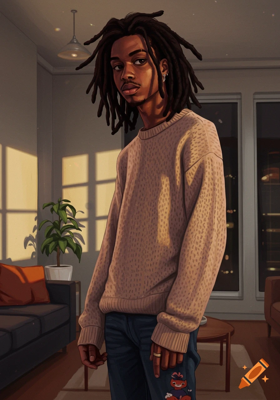 A young Black man with dreadlocks wears a beige sweater and jeans, standing in a warmly lit room. Illustration.