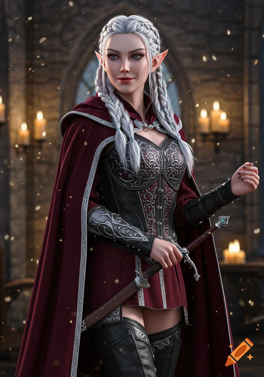 Photorealistic elven warrior woman with white braided hair and maroon cloak, holding a sword in a medieval castle.