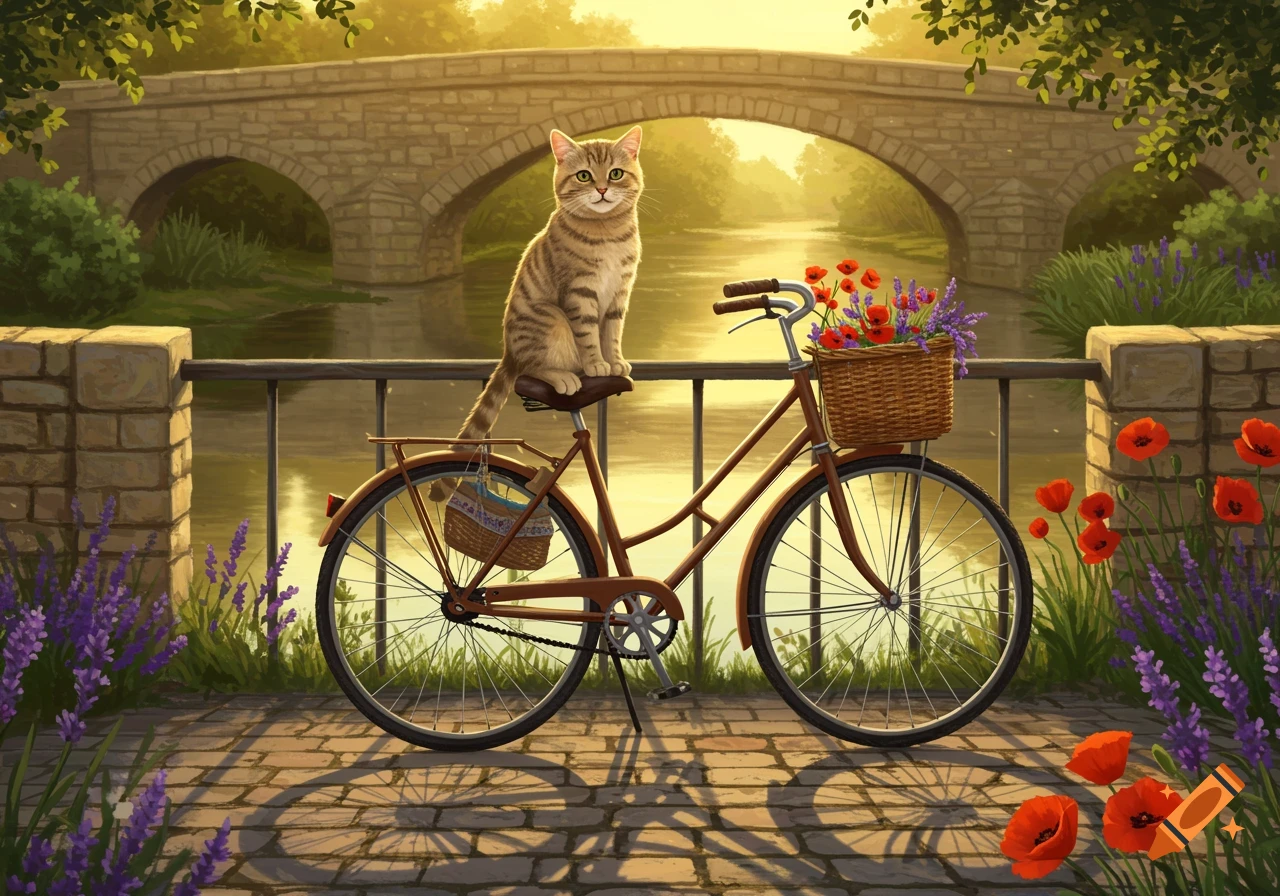 A tabby cat sits on a brown bicycle with a flower basket on a brick path by a river, with a stone bridge in the background.