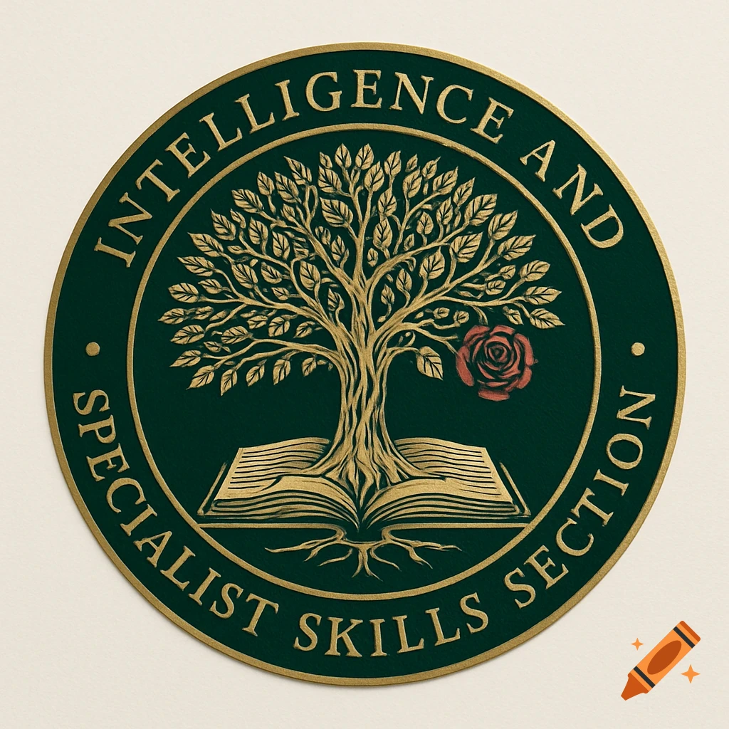 Round, embossed gold and dark green logo with a tree, open book, red rose, and text 'Intelligence and Specialist Skills Section'.
