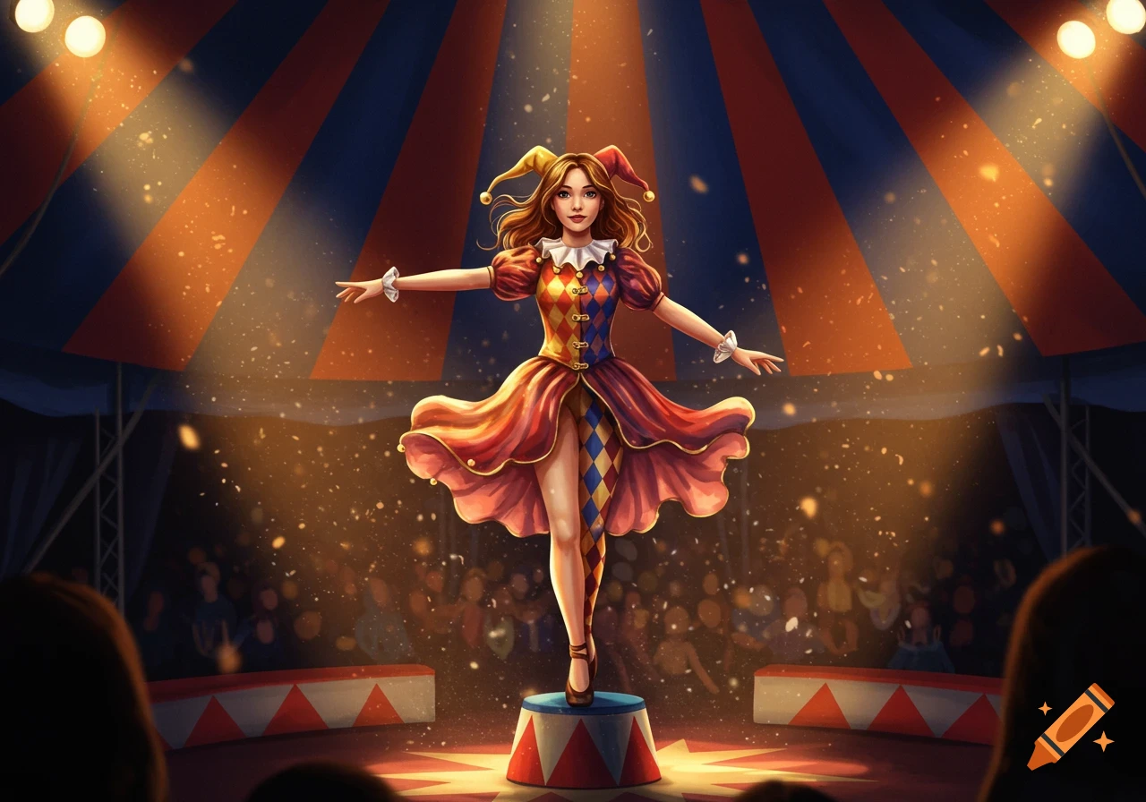 A young woman in a vibrant jester costume stands on a pedestal in a circus tent under bright spotlights, in a digital illustration style.