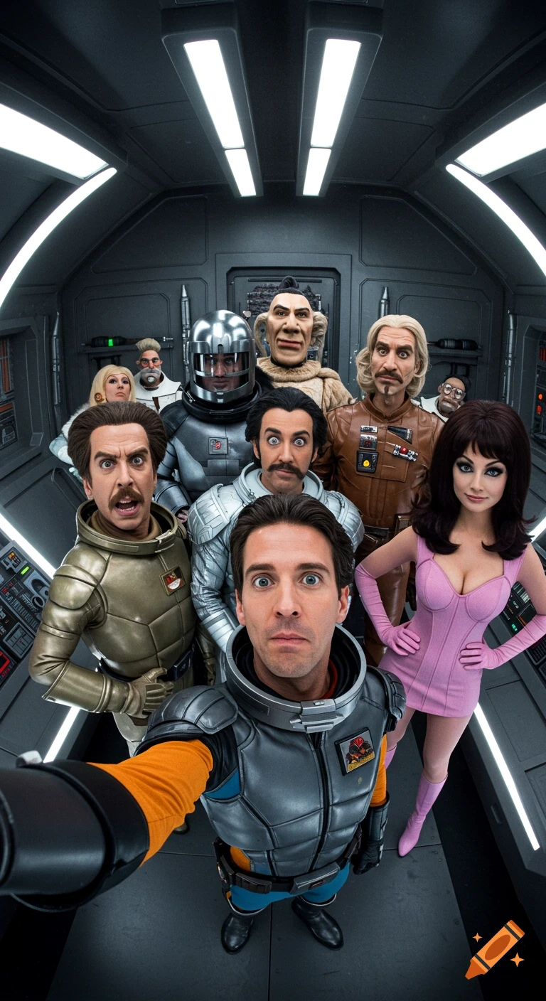 A fisheye selfie of a man in a spacesuit with a group of characters resembling the cast of Spaceballs inside a futuristic spaceship bridge.