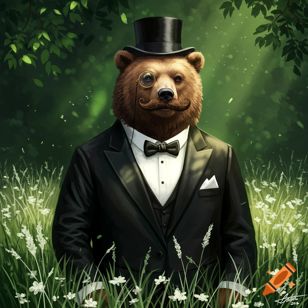A brown bear in a tuxedo, top hat, and monocle stands in a field of white flowers amidst green foliage.