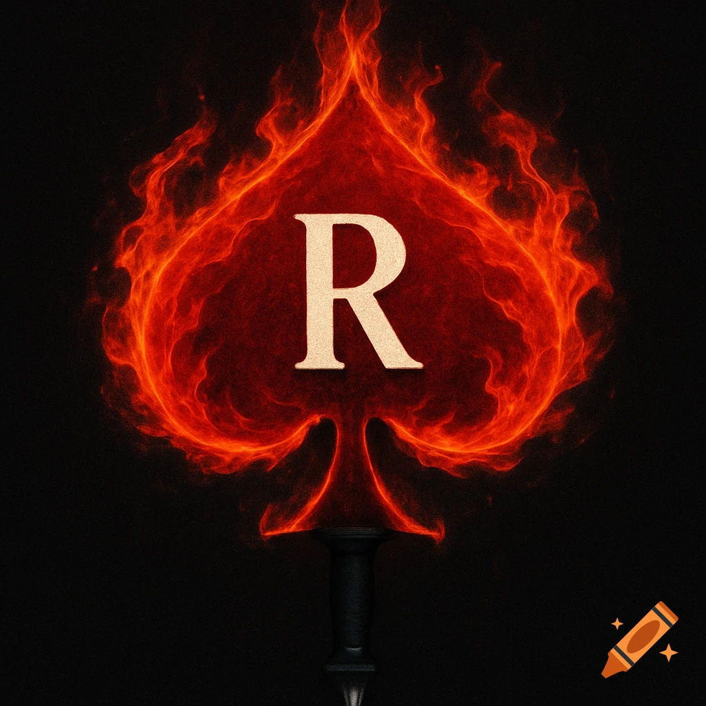 A fiery red spade symbol with a large white letter R inside, its base shaped like a black dagger handle.