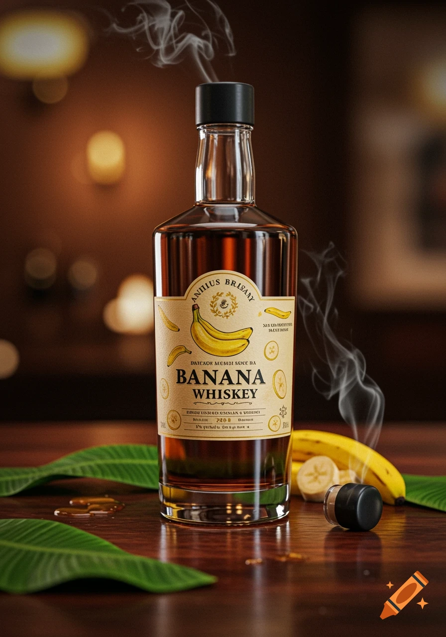 A photorealistic bottle of banana whiskey on a wooden surface with banana slices and leaves.