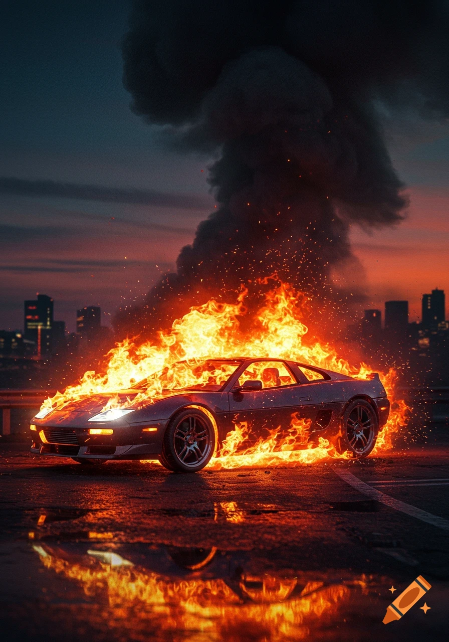 A sports car is engulfed in bright orange flames and smoke on a dark street with a city skyline in the background at dusk.