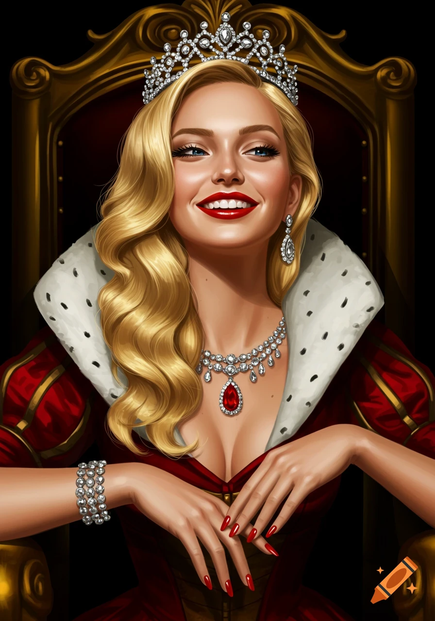 A smiling blonde queen with a crown and ruby necklace, in a red gown on a golden throne. Illustrated portrait.