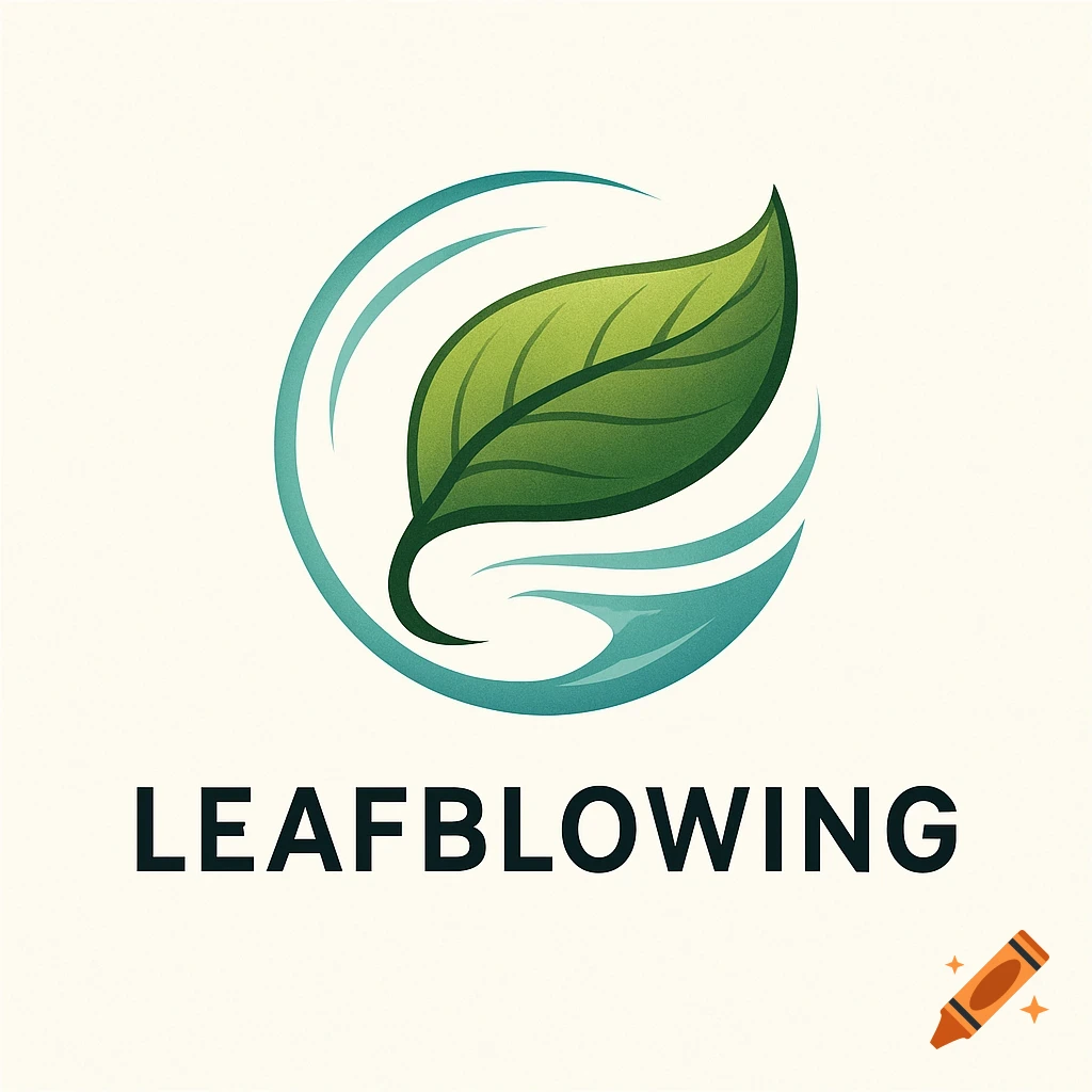 A logo featuring a green leaf within a blue swirl, with the text LEAFBLOWING below.