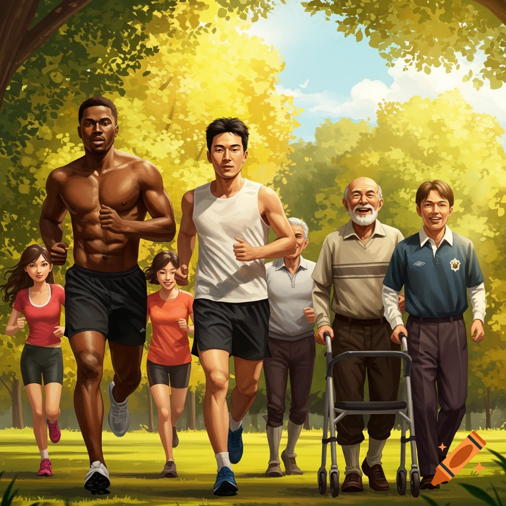 A diverse group of people, including men and women of various ages and ethnicities, run and walk outdoors in a sunny park setting.