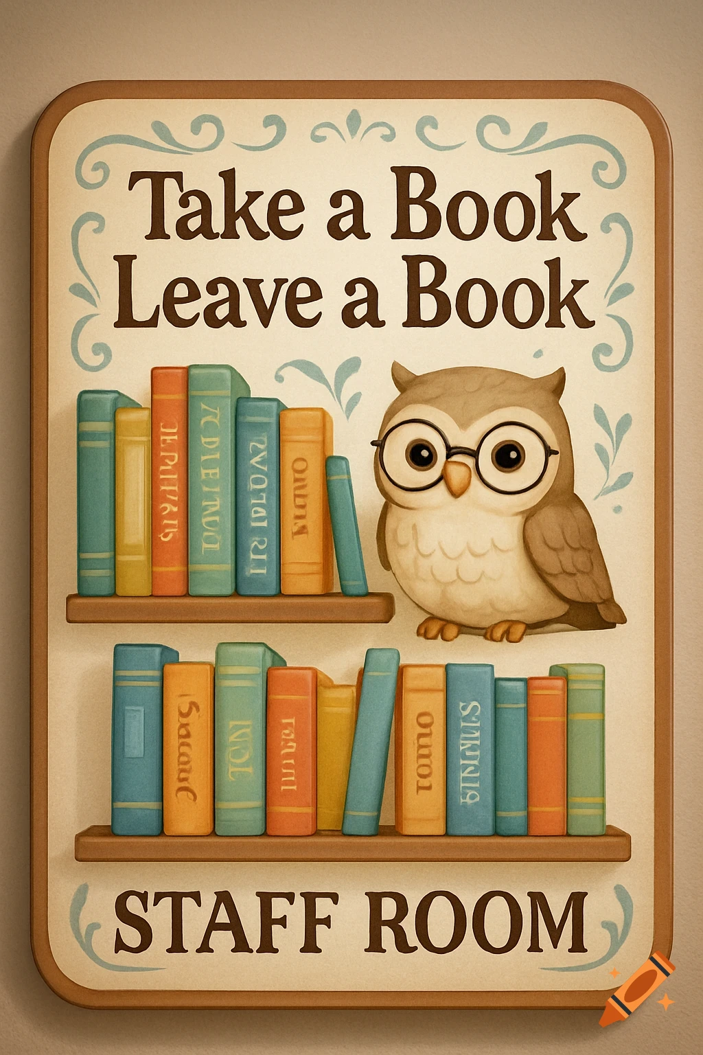 A whimsical sign featuring an owl wearing glasses, sitting next to bookshelves. The sign reads 'Take a Book Leave a Book' and 'STAFF ROOM'.