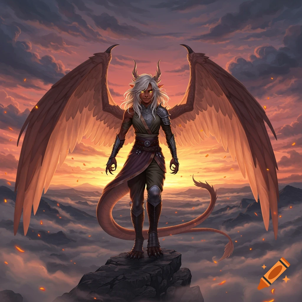 A majestic female dragon-like creature with large wings and horns stands on a rocky peak against a vibrant sunset sky.