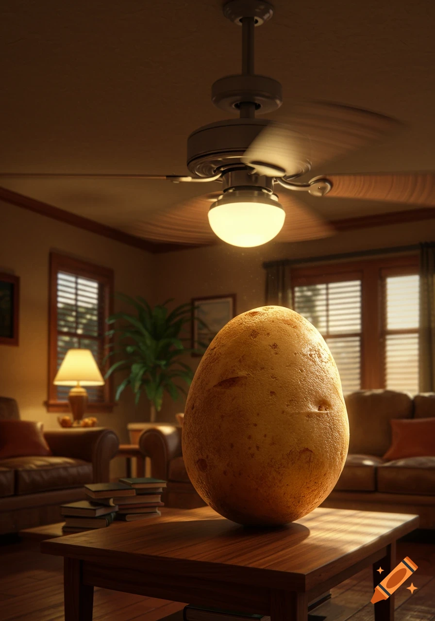 A gigantic photorealistic potato sits on a wooden coffee table in a sunlit living room with a ceiling fan overhead.