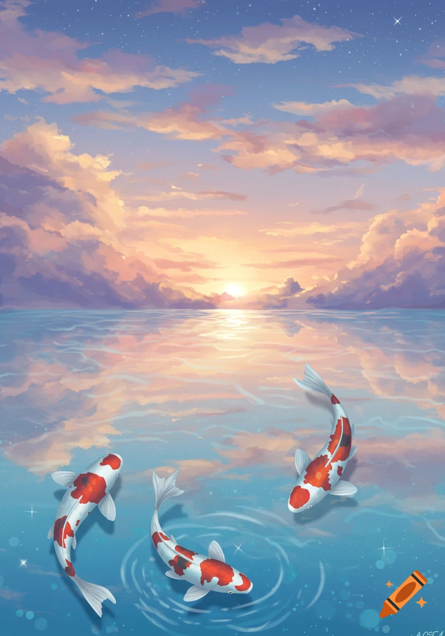 Three red and white koi fish swim in tranquil water that reflects a beautiful sunset sky with clouds and stars in a painterly style.