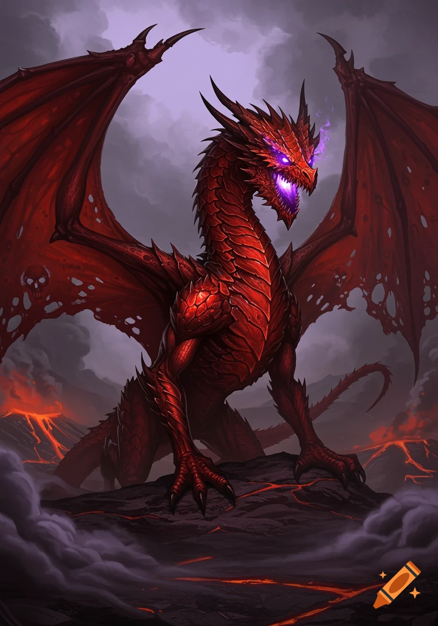 A fierce red dragon with glowing purple eyes and large, tattered wings stands amidst a volcanic landscape with lava flows and smoke.