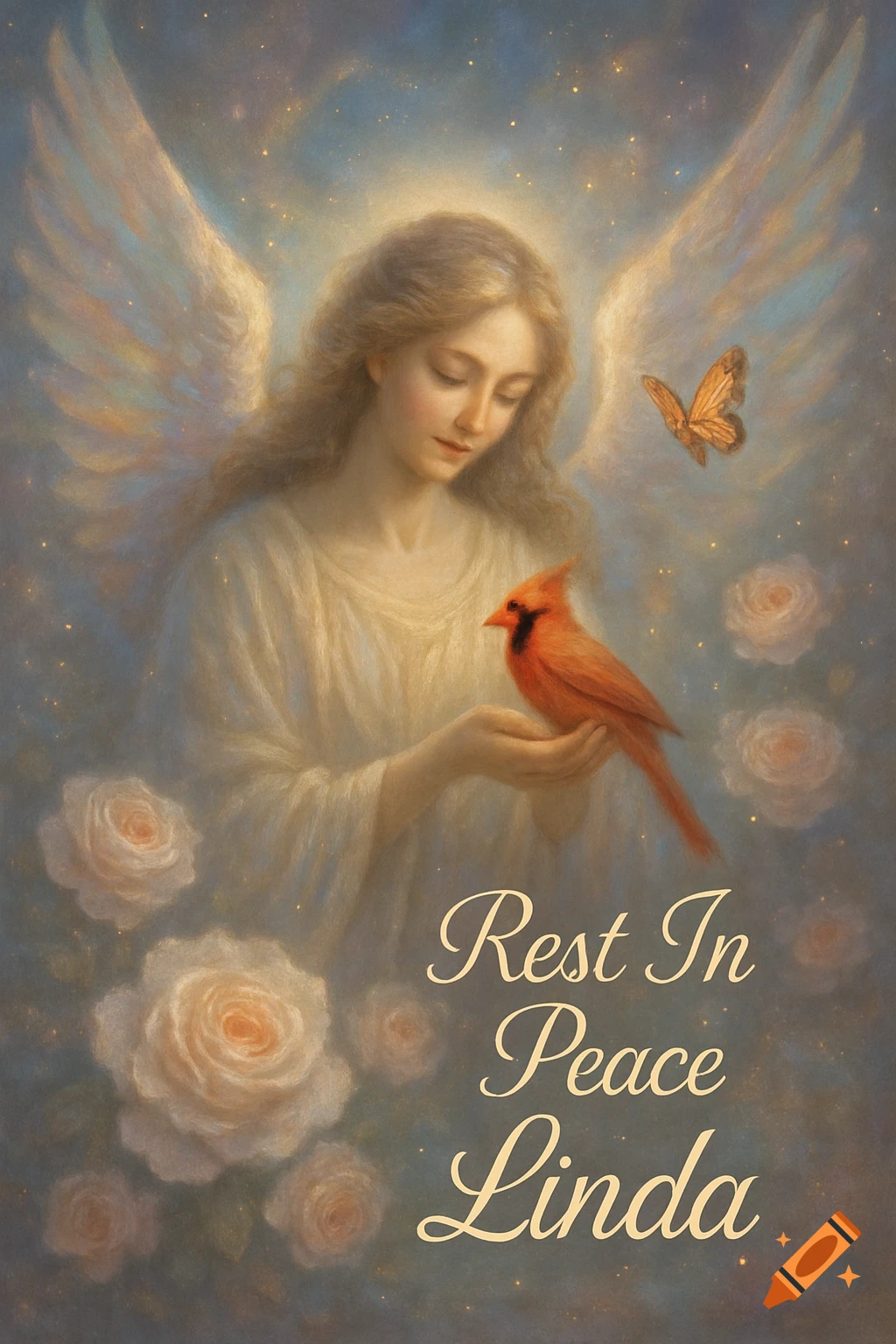 A serene angel holds a cardinal, with a butterfly nearby, surrounded by roses and stars. Text reads 'Rest In Peace Linda'.