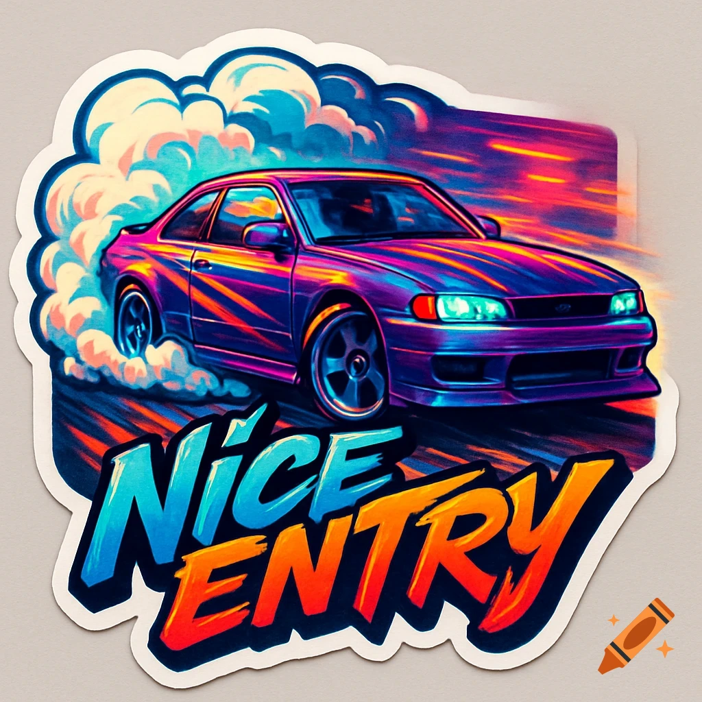 Stylized sticker of a purple car drifting with smoke, featuring the text 'Nice ENTRY' in blue and orange.