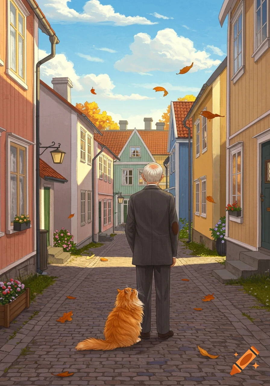 An illustration of an old man and a fluffy orange cat on a cobblestone street in an autumn row house neighborhood.