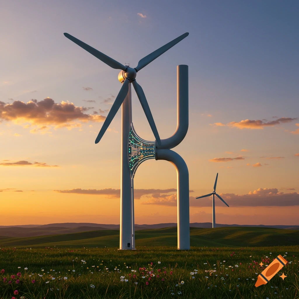 A photorealistic image of an H-shaped wind turbine at sunset in a green, flowery field with rolling hills.