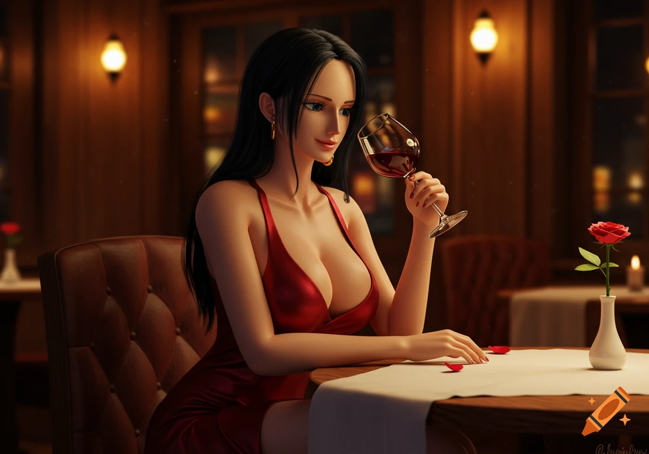 Nico Robin in a red dress sitting at a restaurant table, holding a glass of wine with a rose on the table.