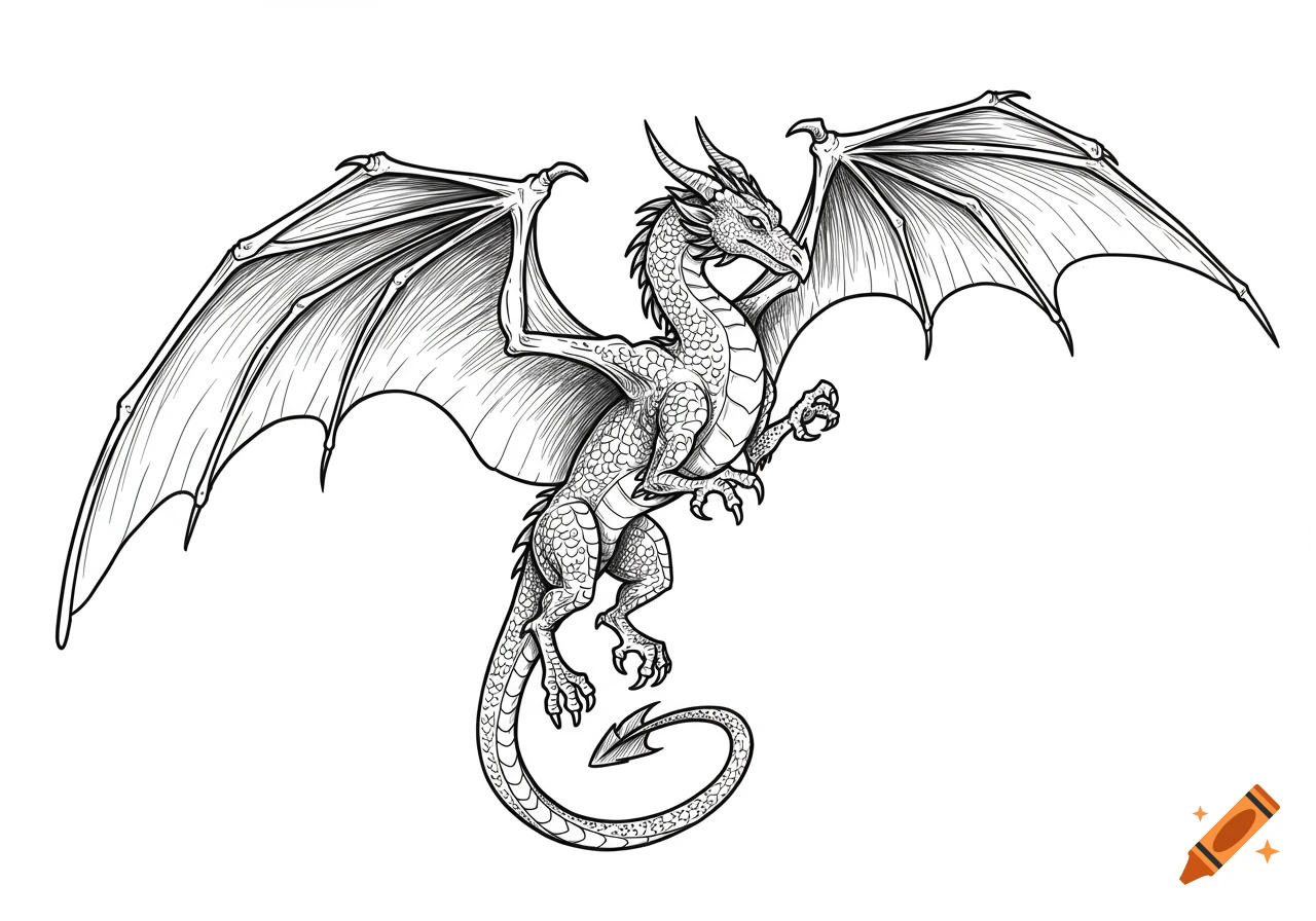Black and white line art drawing of a dragon with four legs and two large wings, on a white background.