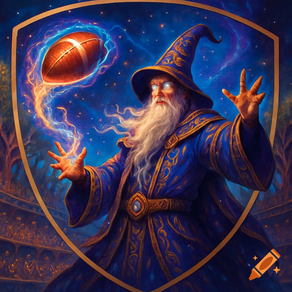 A blue-robed wizard with glowing eyes levitates an American football with magic against a starry sky, in a digital art style.