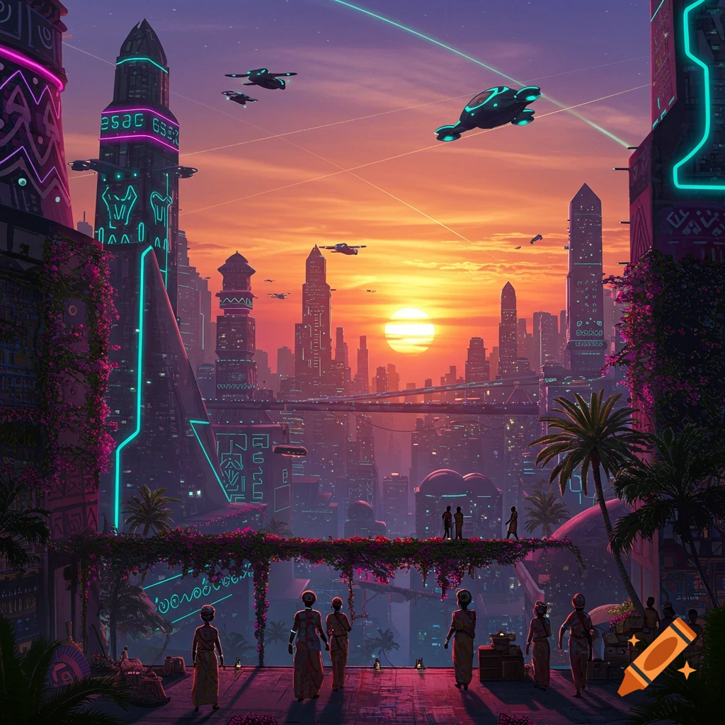 A vibrant futuristic city at sunset with neon-lit skyscrapers, flying vehicles, and people walking on an elevated walkway.
