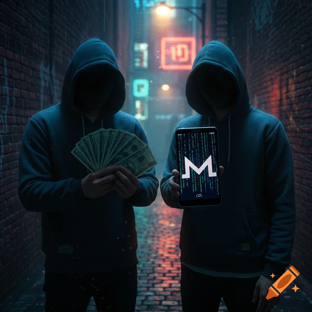 Two figures in hoodies stand in a dark, wet alleyway with neon signs. One holds fanned cash, the other a tablet displaying the Monero 'M' symbol and green code.