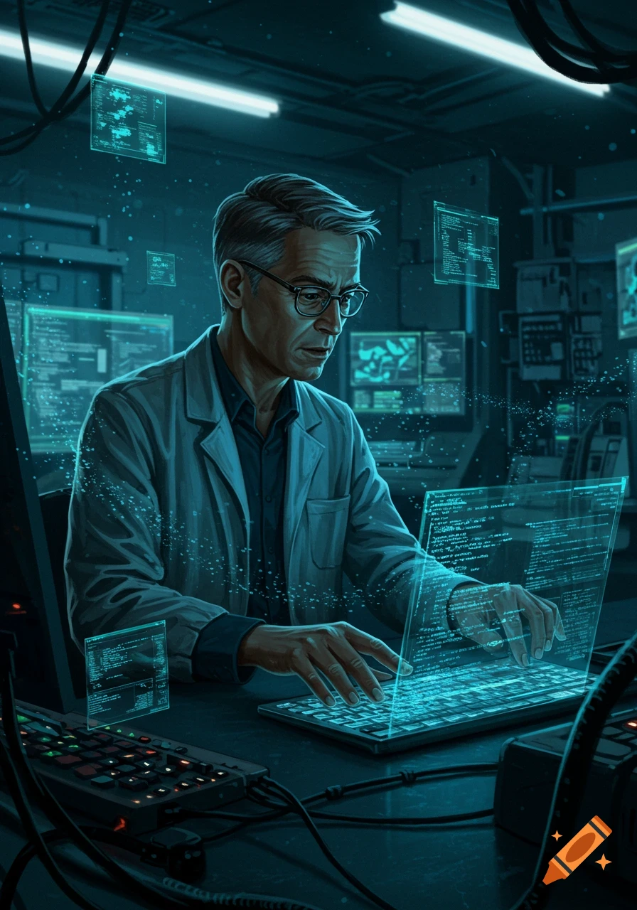 A male computer scientist works on a glowing, transparent laptop in a dark, neon-lit lab filled with holographic data displays.